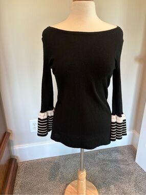 Elle Black Boatneck Sweater with Striped Bell Sleeves